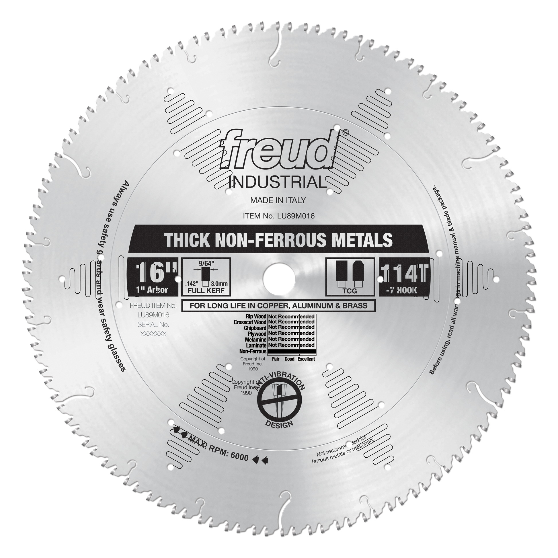 16" circular saw blade with 114 teeth for cutting non-ferrous metals like aluminum, copper, and brass.