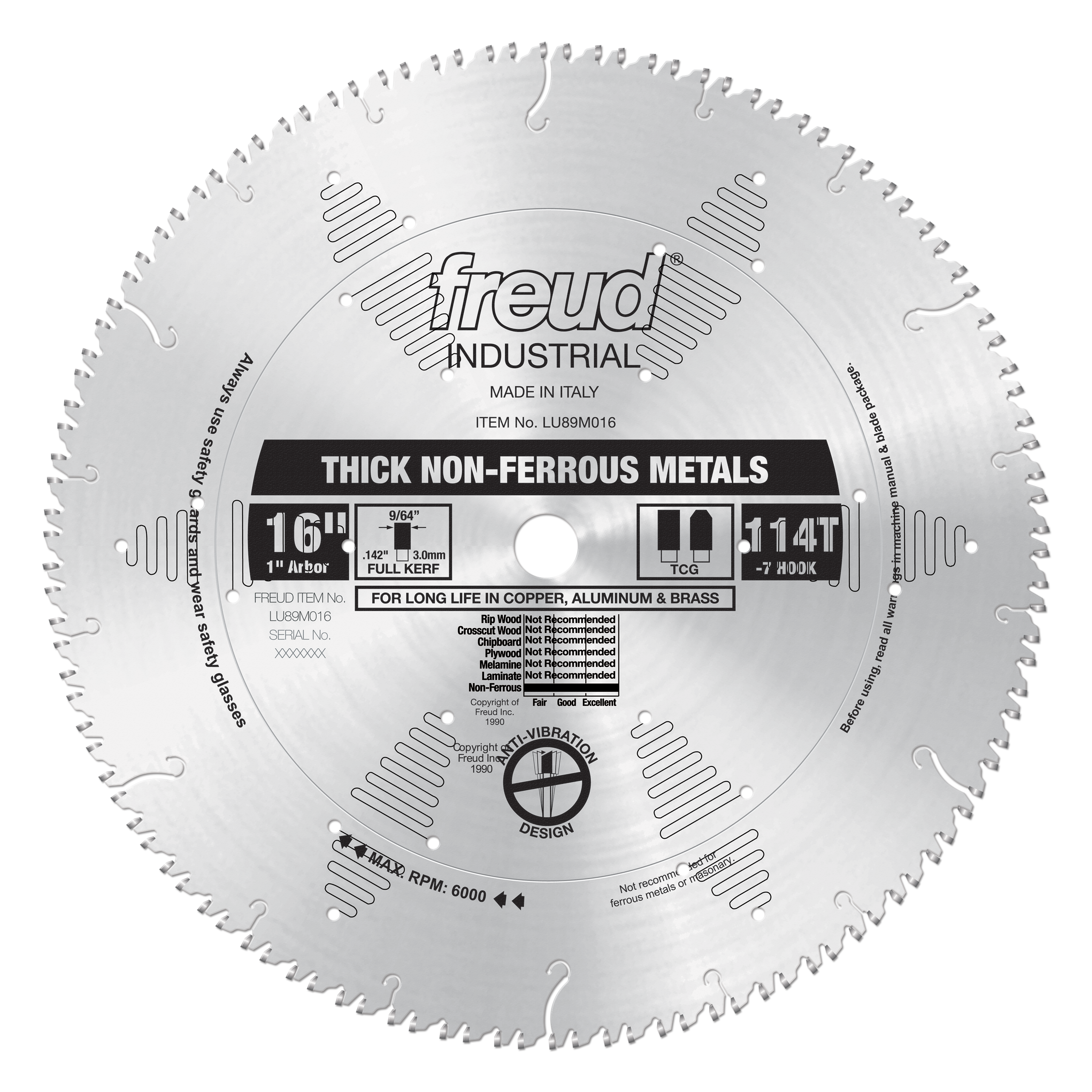 16" circular saw blade with 114 teeth for cutting non-ferrous metals like aluminum, copper, and brass.