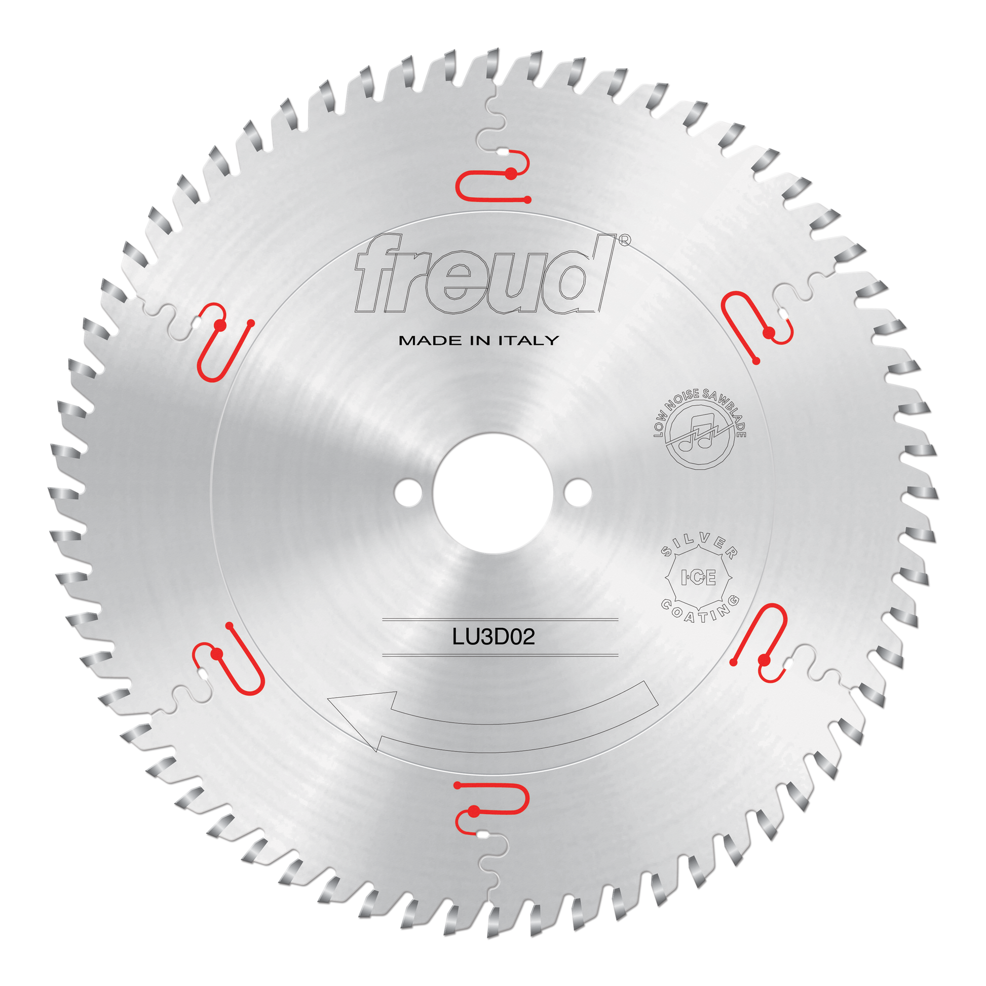 Freud LU3D02 220mm circular saw blade with carbide teeth and center hole, marked "Made in Italy."