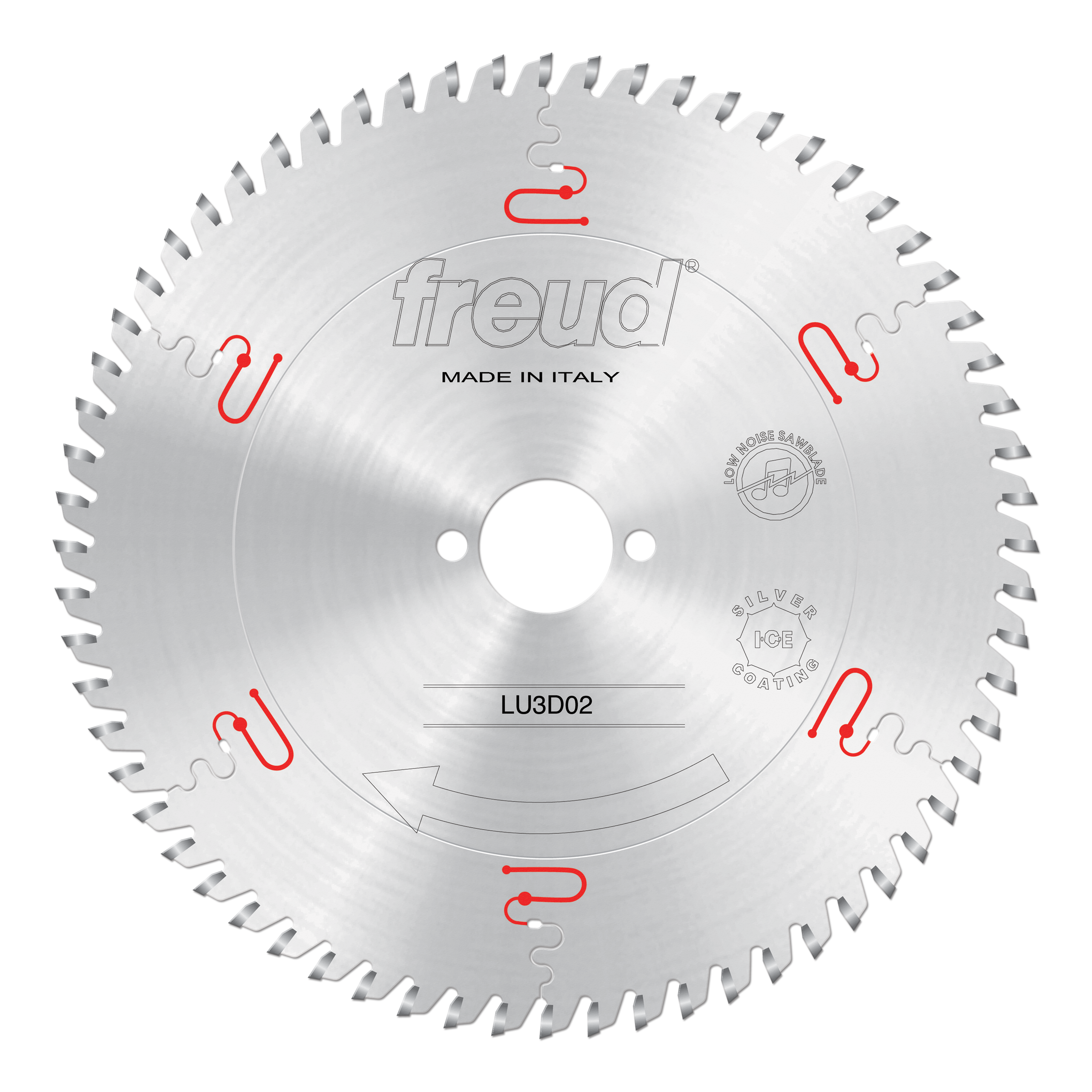 Freud LU3D02 220mm circular saw blade with carbide teeth and center hole, marked "Made in Italy."