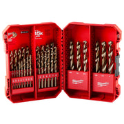 Red plastic Milwaukee case open showing 29 cobalt drill bits in various sizes arranged in rows.