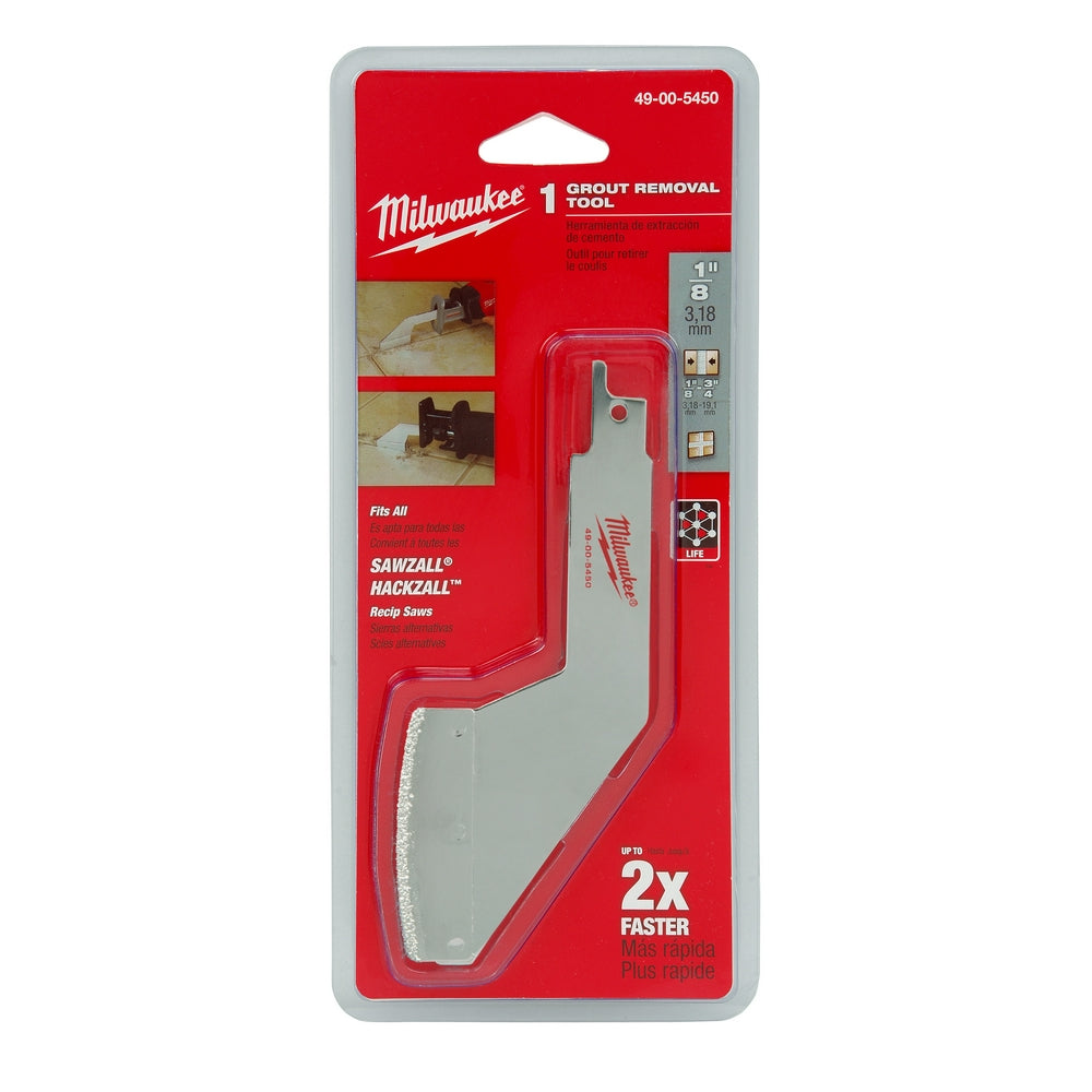 Milwaukee grout removal tool with angled blade and serrated edge on red packaging with gray backing.