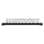 Ten metric sockets with square drive and flat-sided design mounted in black rail organizer.
