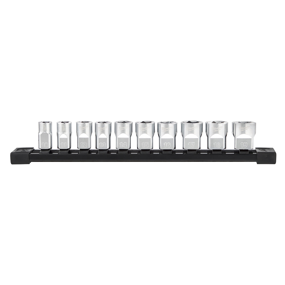 Ten metric sockets with square drive and flat-sided design mounted in black rail organizer.