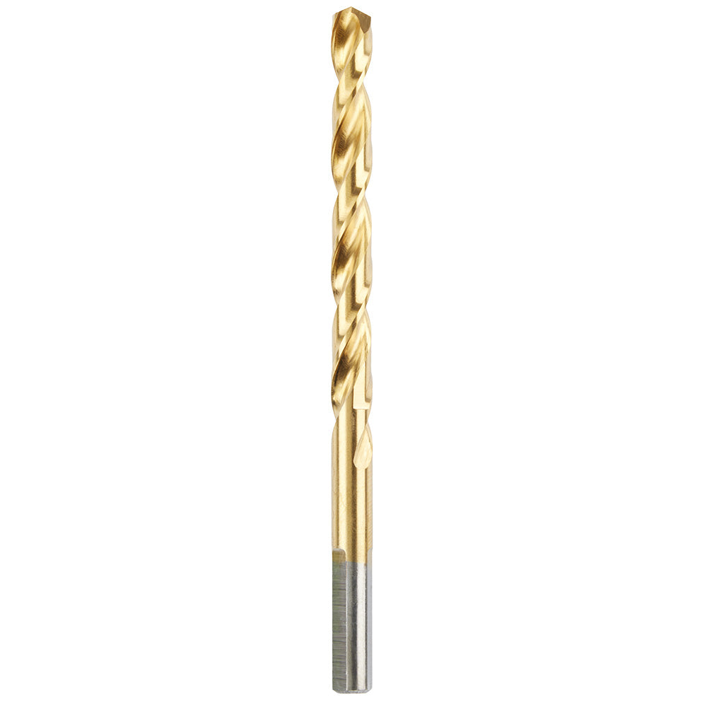 Gold-coated 1/4 inch twist drill bit with straight shank and pointed tip on white background.