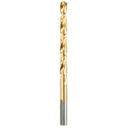 Gold-coated 1/4 inch twist drill bit with straight shank and pointed tip on white background.