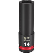 Black deep socket with hexagonal opening, Milwaukee branding, model number 49-66-6275, and red grip band at base.