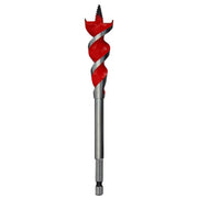 Red and gray spade wood bit with spiral flutes and pointed tip on white background.