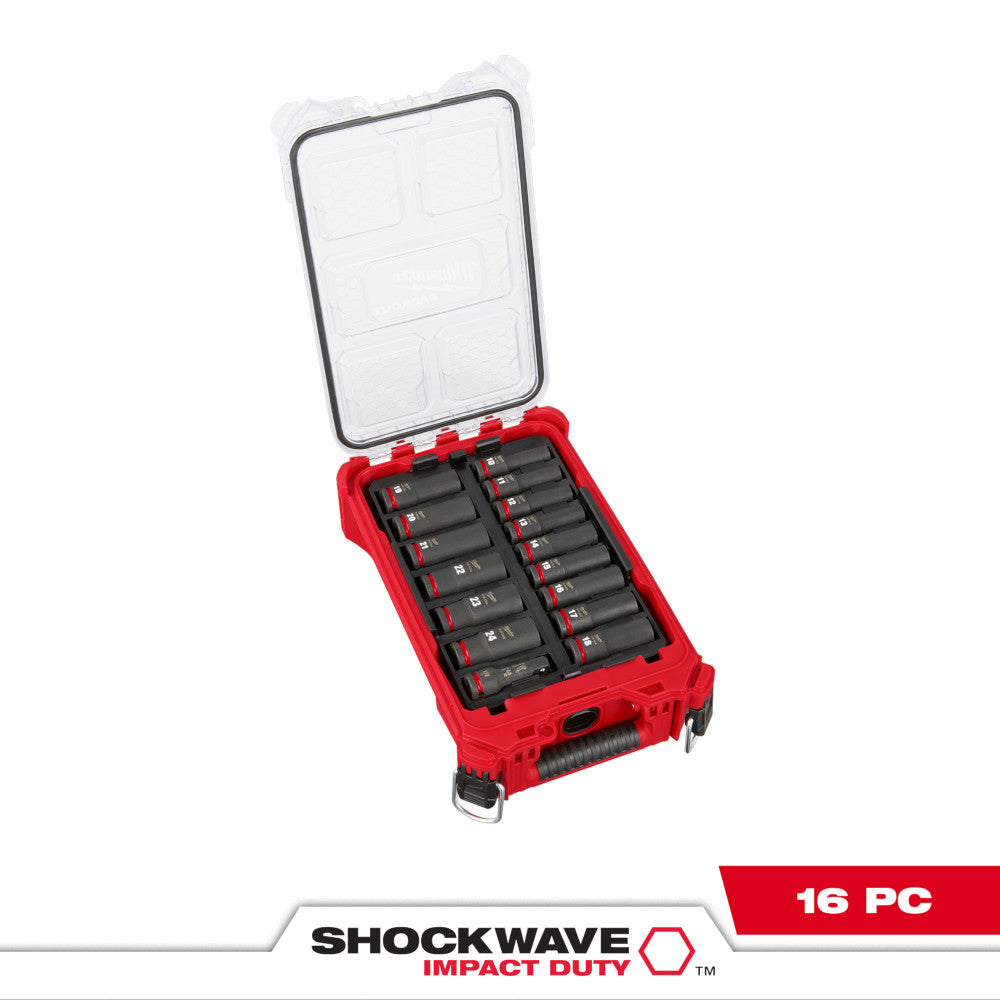 Red PACKOUT case containing 16 black metric sockets with clear compartmented lid and metal handles.