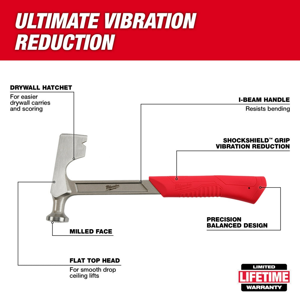 Milwaukee drywall hammer with gray metal head, red grip handle, drywall hatchet, and I-beam design.