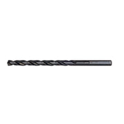 Black oxide twist drill bit with fluted design and pointed tip.