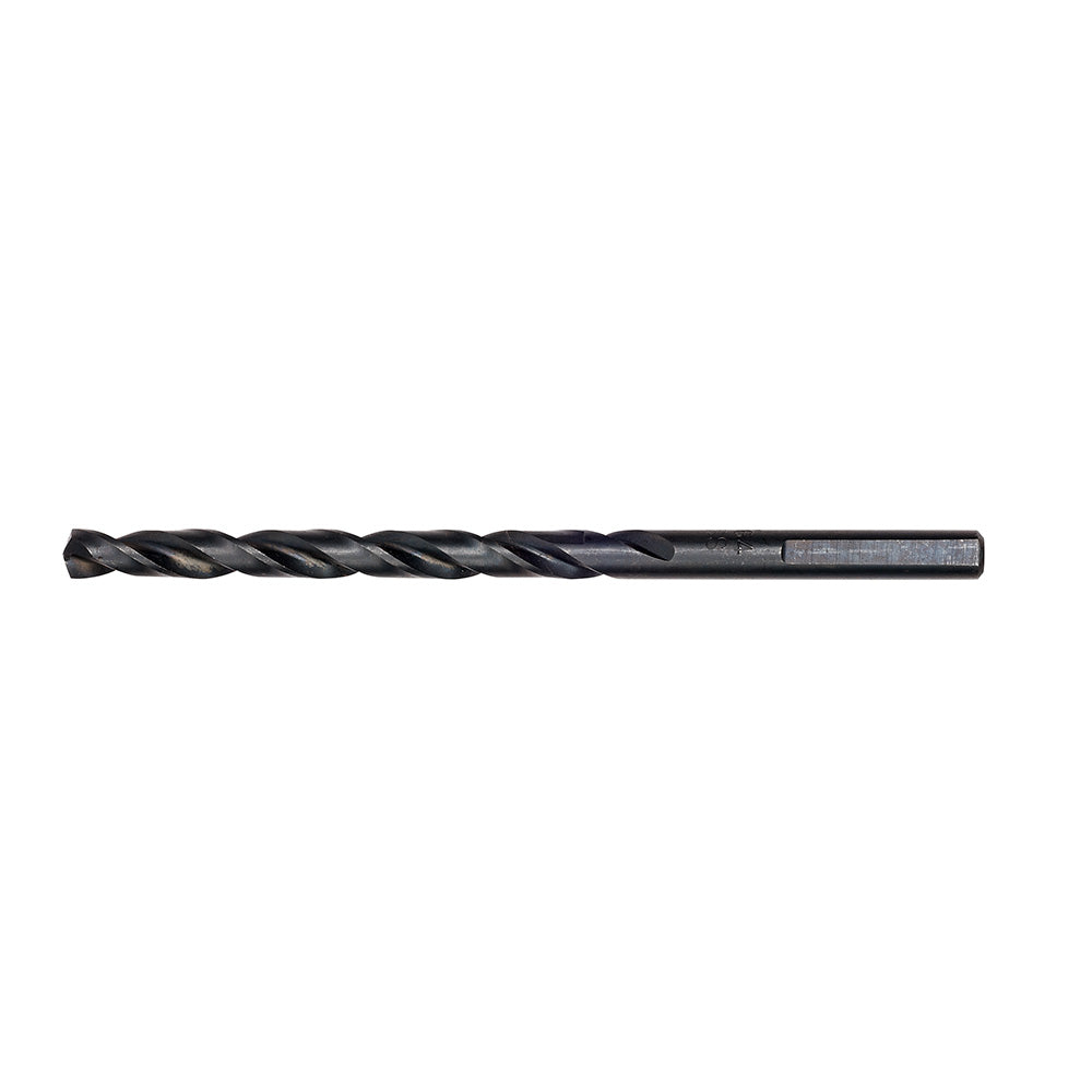 Black oxide twist drill bit with pointed tip and cylindrical shank.