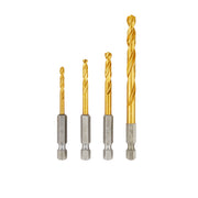 Four gold-colored twist drill bits with gray hex shanks, arranged in increasing size order.
