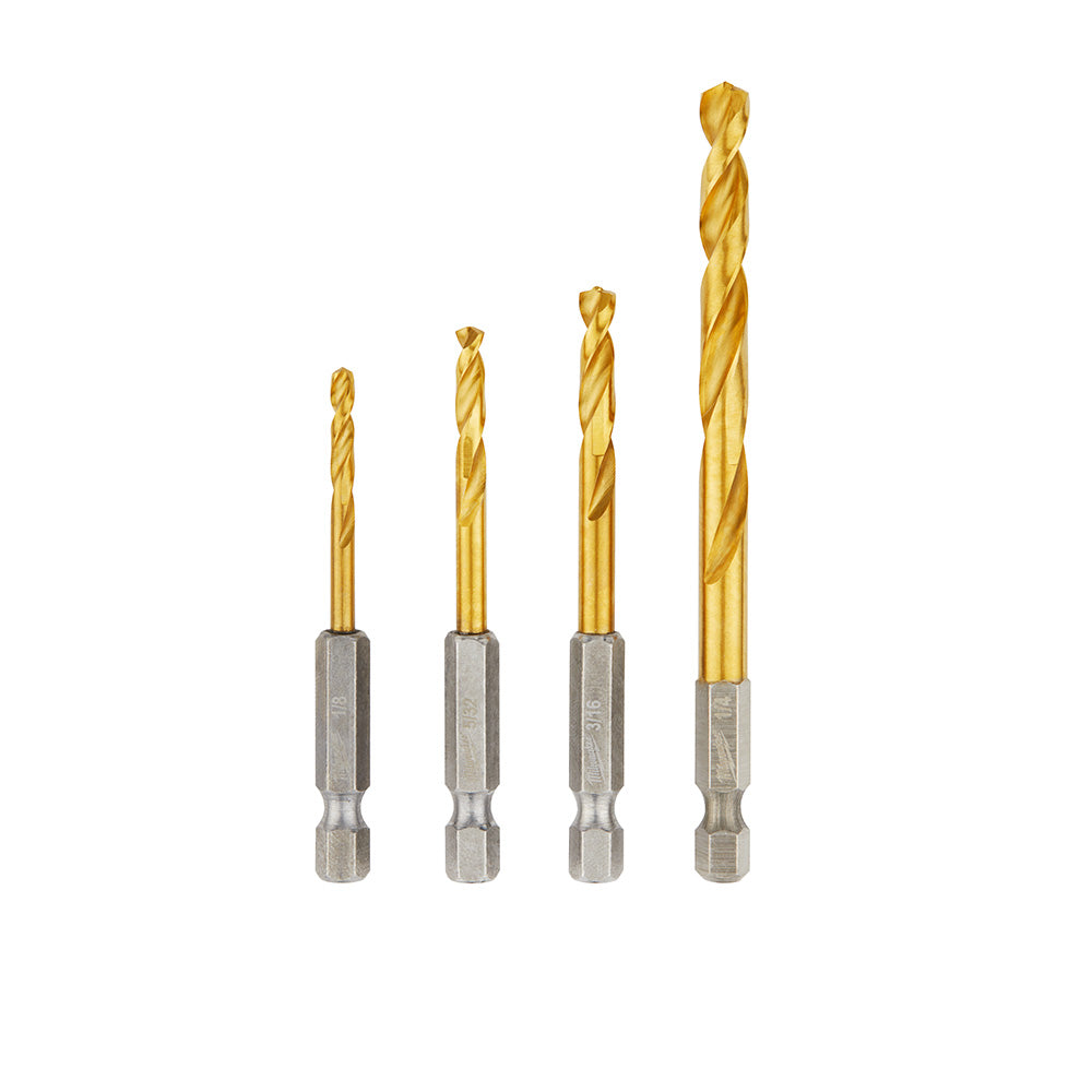 Four gold-colored twist drill bits with gray hex shanks, arranged in increasing size order.