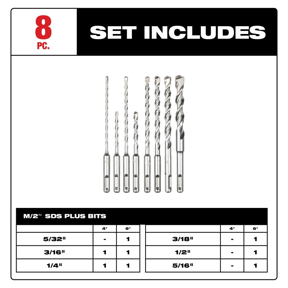 Eight SDS Plus drill bits in varying sizes arranged in a row, with specifications chart below.