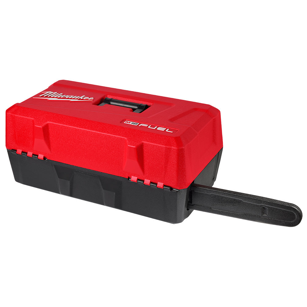 Red and black Milwaukee chainsaw case with handle and hinged top compartment.