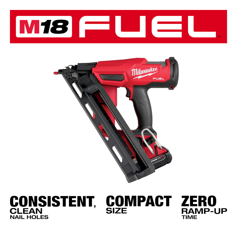 Milwaukee M18 FUEL 15 gauge finish nailer with red and black body, grip handle, and angled magazine.