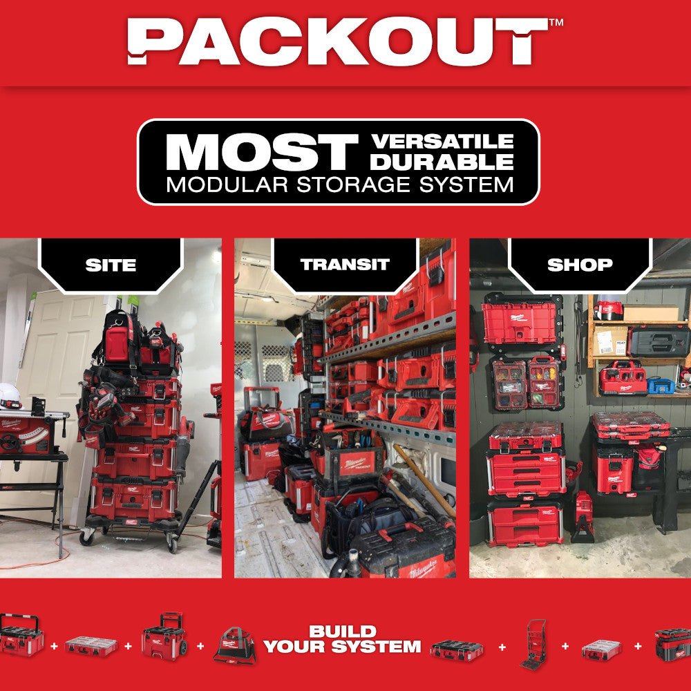 Red PACKOUT rolling tool chest with multiple drawers and compartments shown in three usage scenarios: home, transit, and work