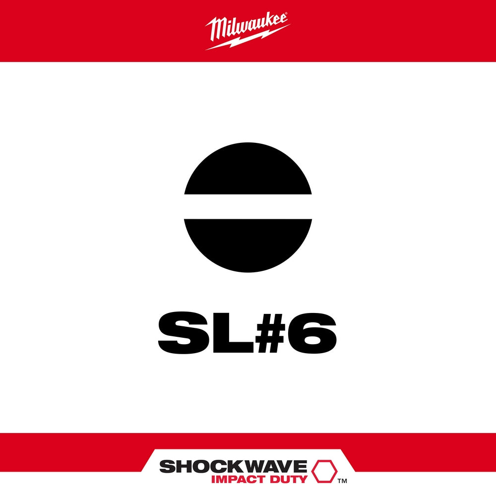 Milwaukee Shockwave slotted power bit with 1/8 inch slot width, marked SL#6, displayed against white background.