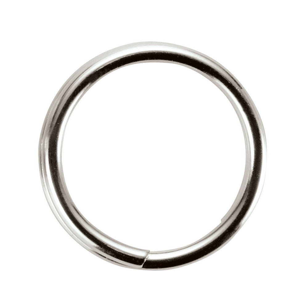 Metal split ring with gap in circular band, approximately 2 inches in diameter.