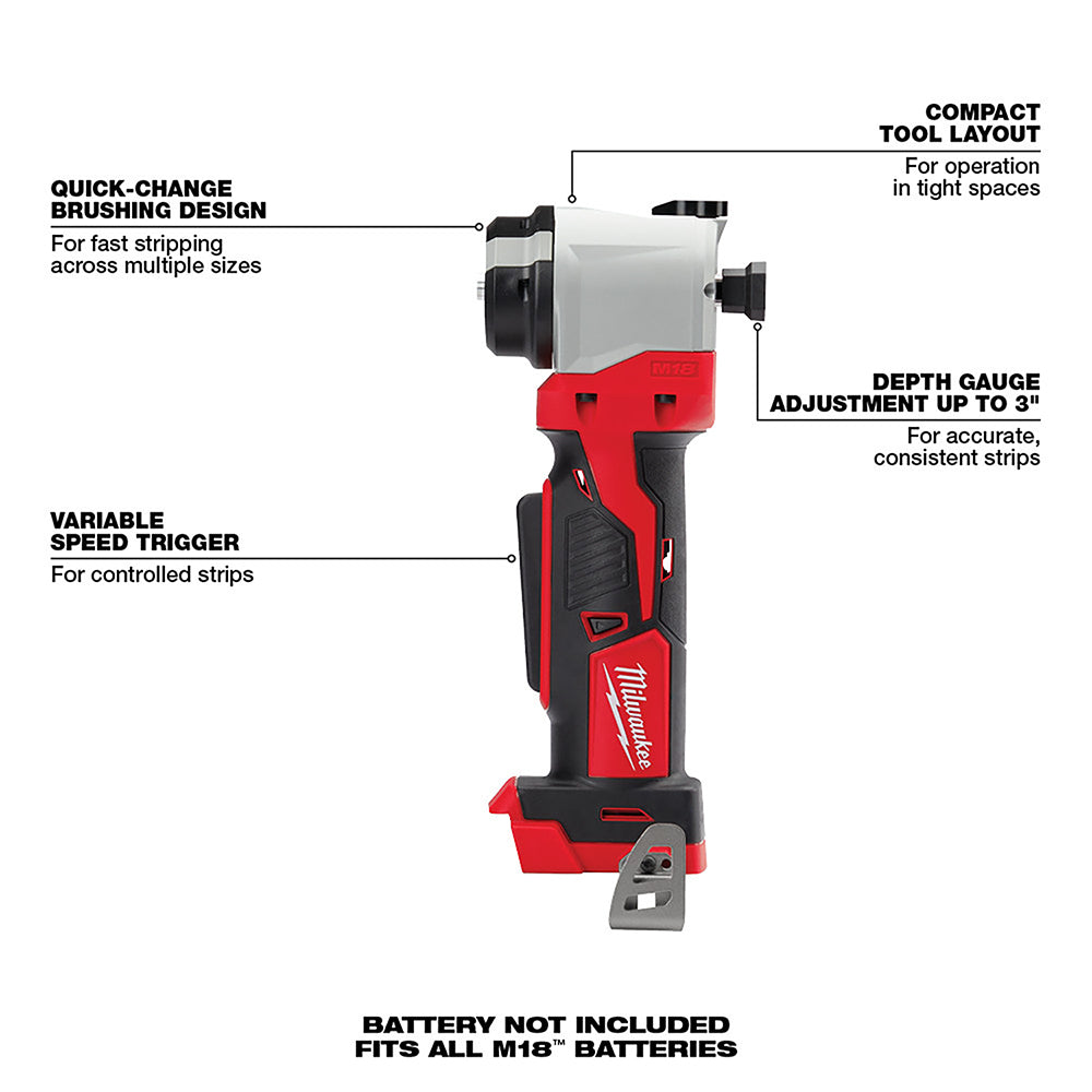 Red and black M18 cable stripper with white head, variable speed trigger, and depth gauge adjustment labeled with key feature