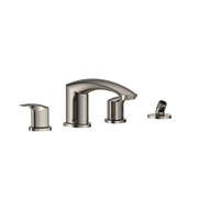 Polished nickel two-handle Roman tub filler with curved spout and detachable handheld showerhead.