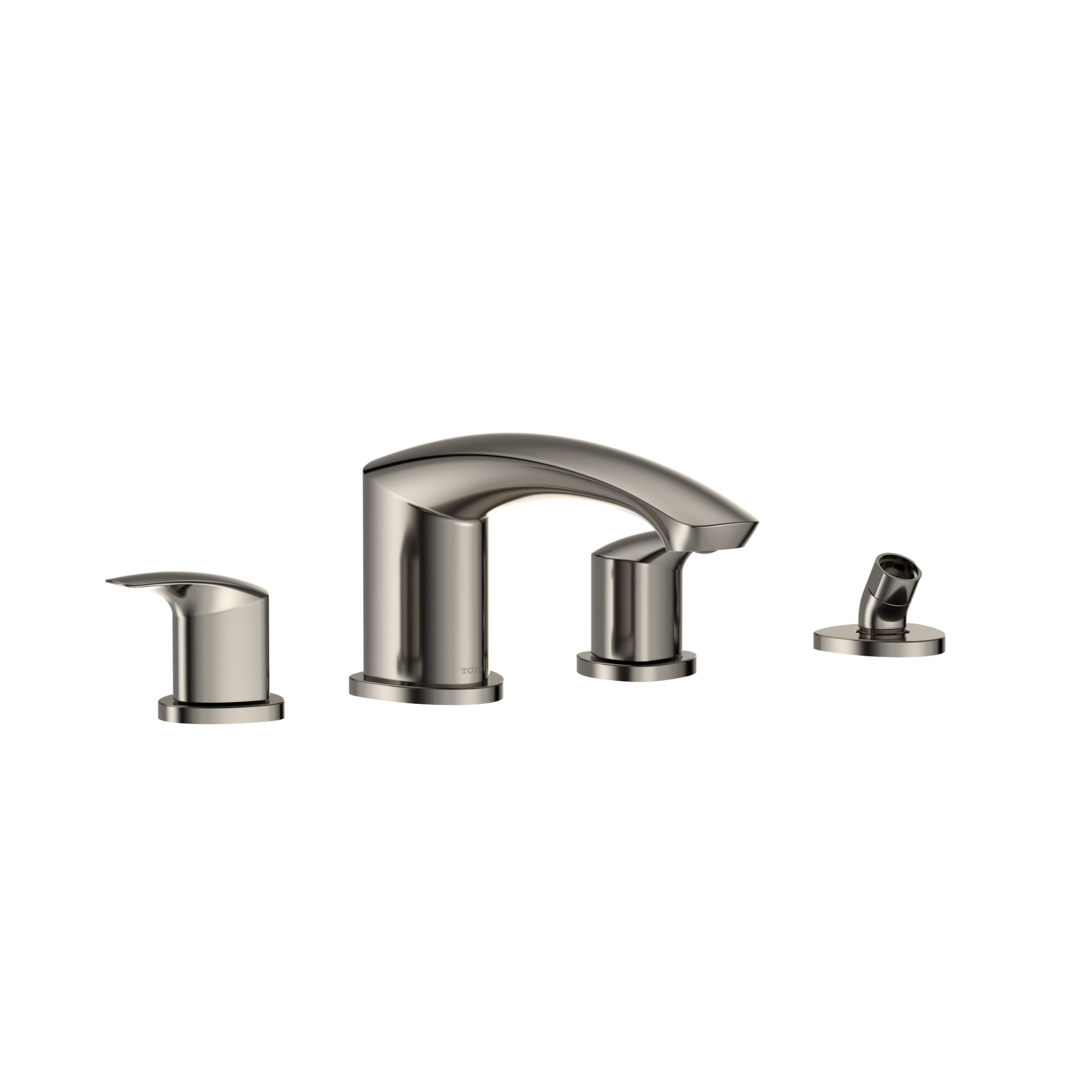 Polished nickel two-handle Roman tub filler with curved spout and detachable handheld showerhead.