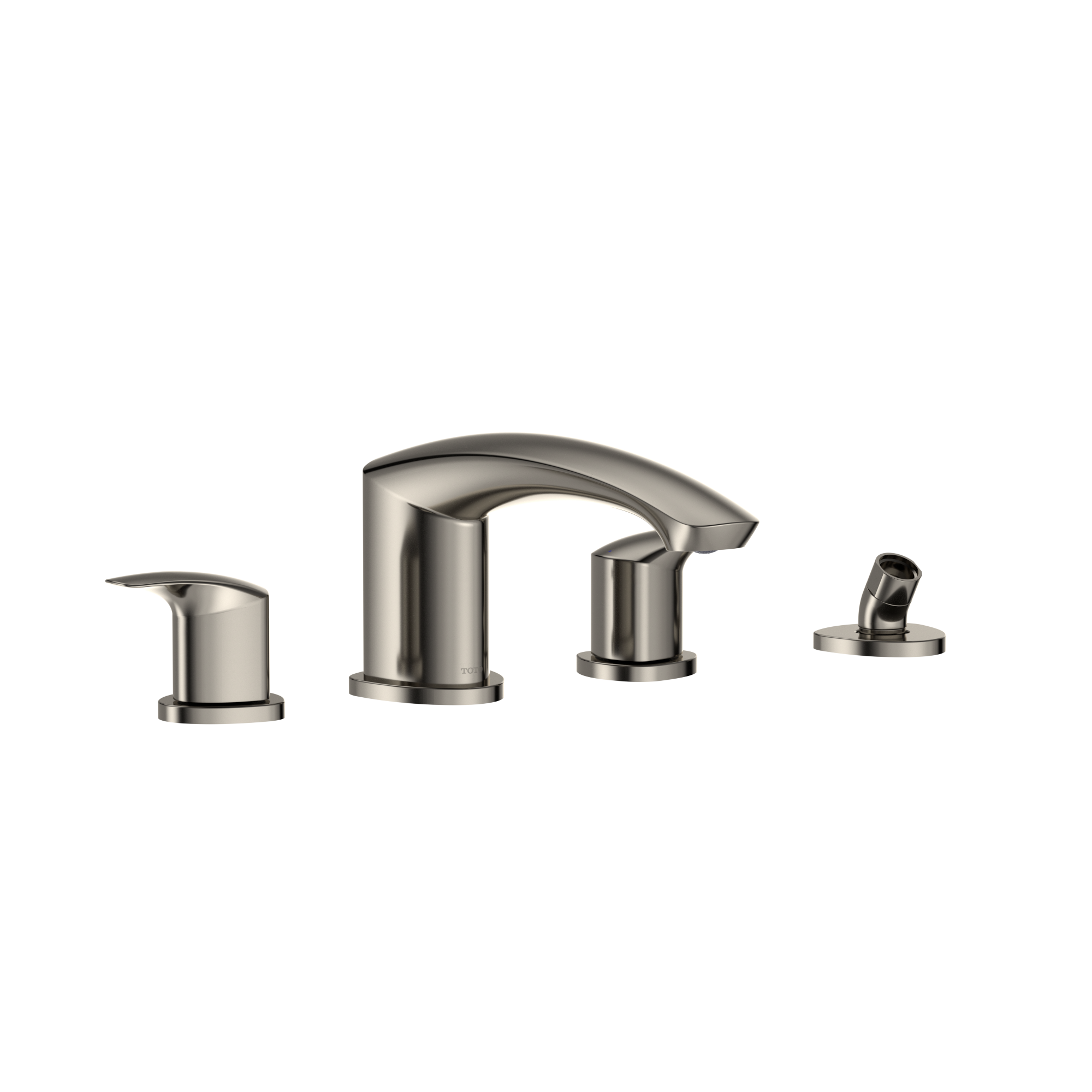 Polished nickel two-handle Roman tub filler with curved spout and detachable handheld showerhead.