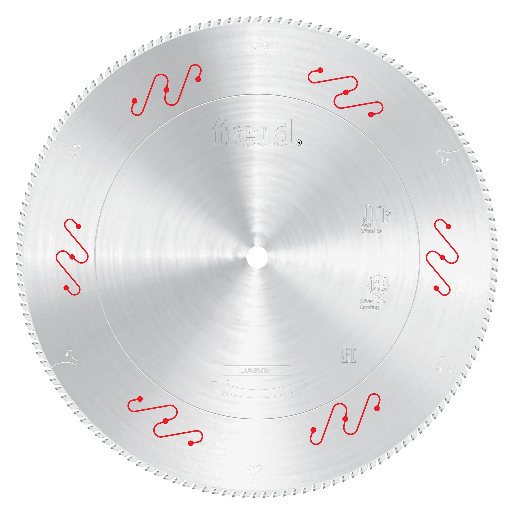 Freud 550mm circular saw blade with silver coating and red wavy tooth markings for aluminum cutting.
