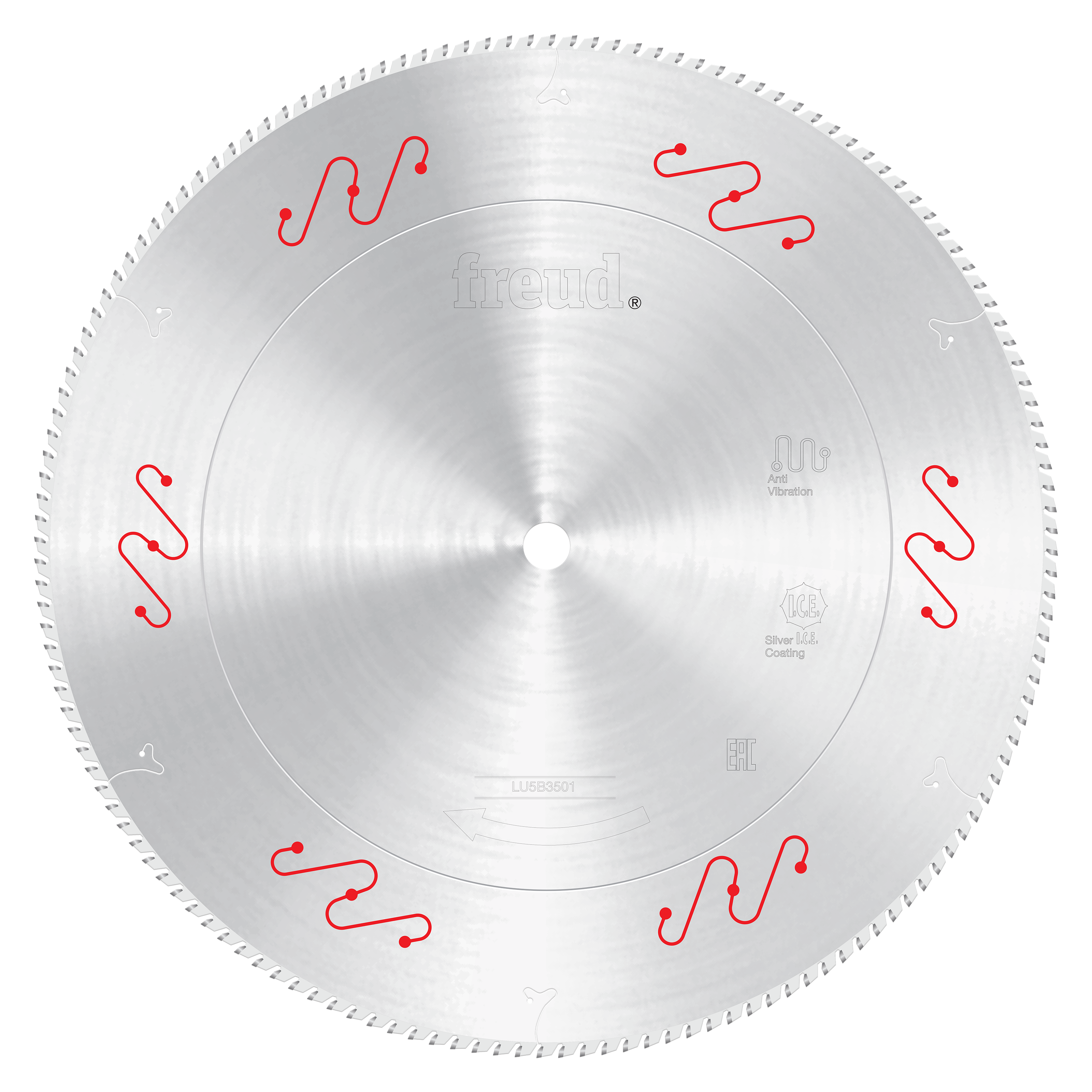 Freud 550mm circular saw blade with silver coating and red wavy tooth markings for aluminum cutting.