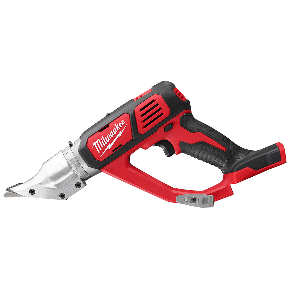 Milwaukee M18 cordless shear with red and black body, metal cutting head, and black grip handle.