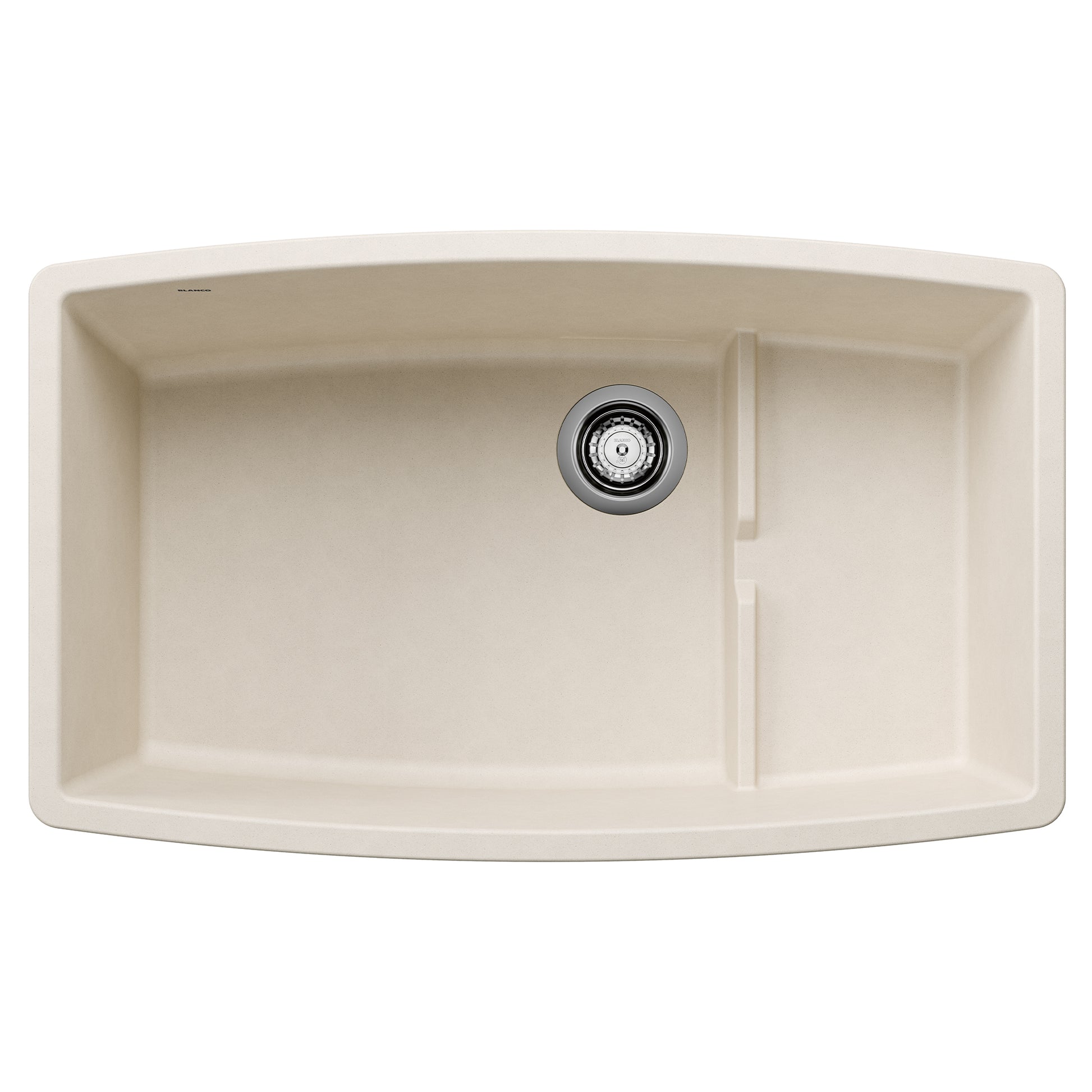 Soft white undermount kitchen sink with curved front, single basin, and chrome drain fixture.