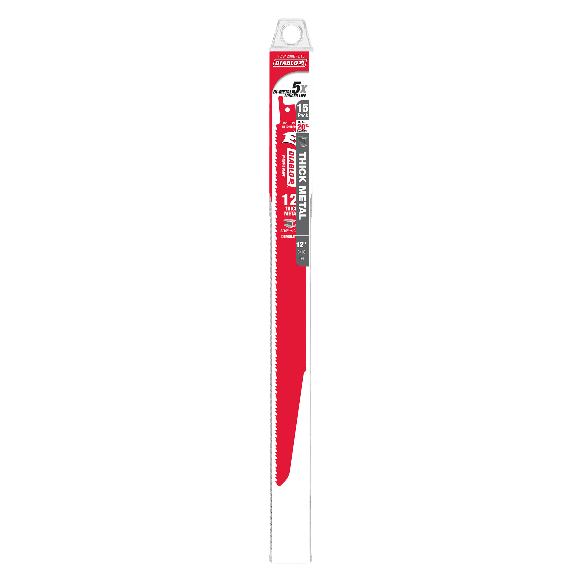 Diablo bi-metal reciprocating saw blade, 12 inches long with red coating and serrated cutting edge.