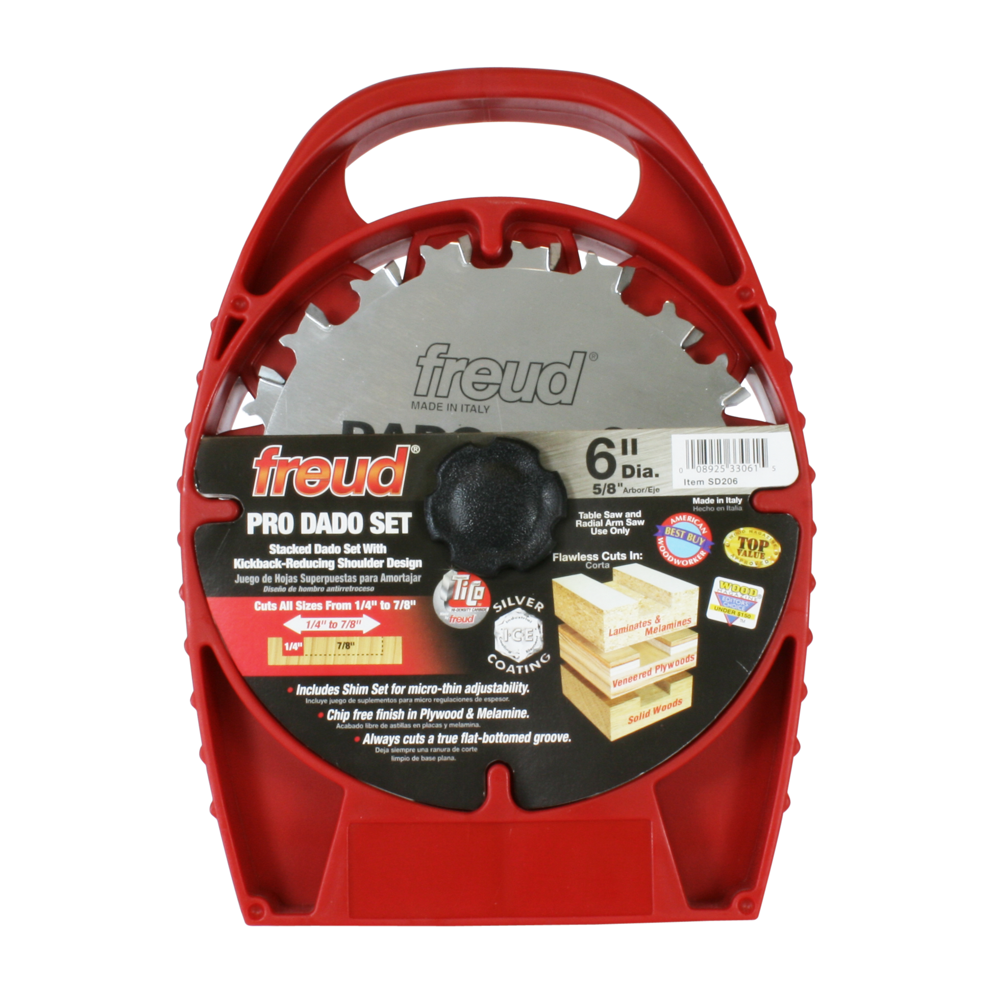 Freud SD206 6-inch Pro Dado Set with red carrying case and gray saw blade with teeth.