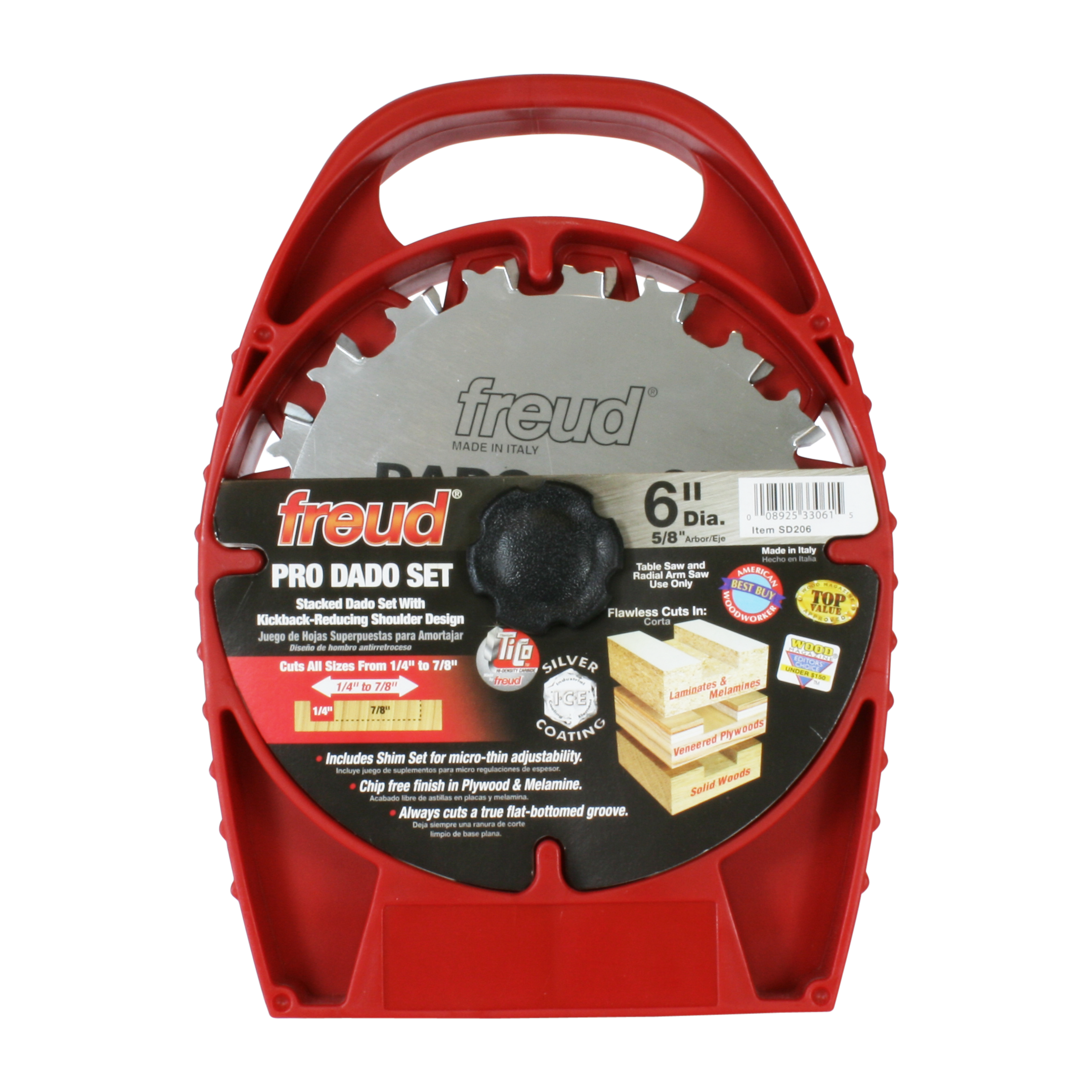 Freud SD206 6-inch Pro Dado Set with red carrying case and gray saw blade with teeth.