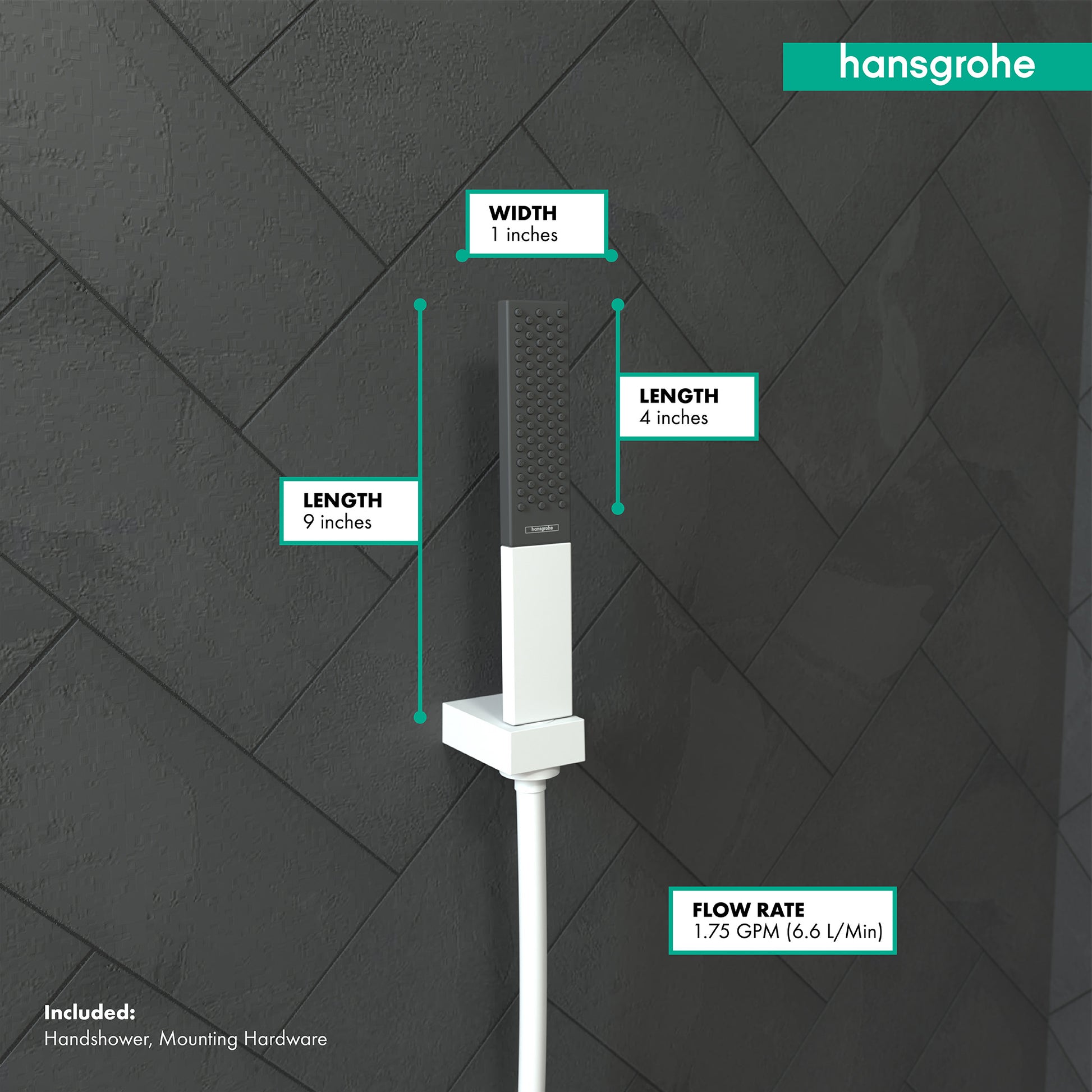 Matte white rectangular handshower with perforated spray face mounted on white holder with dimensions and flow rate specifica