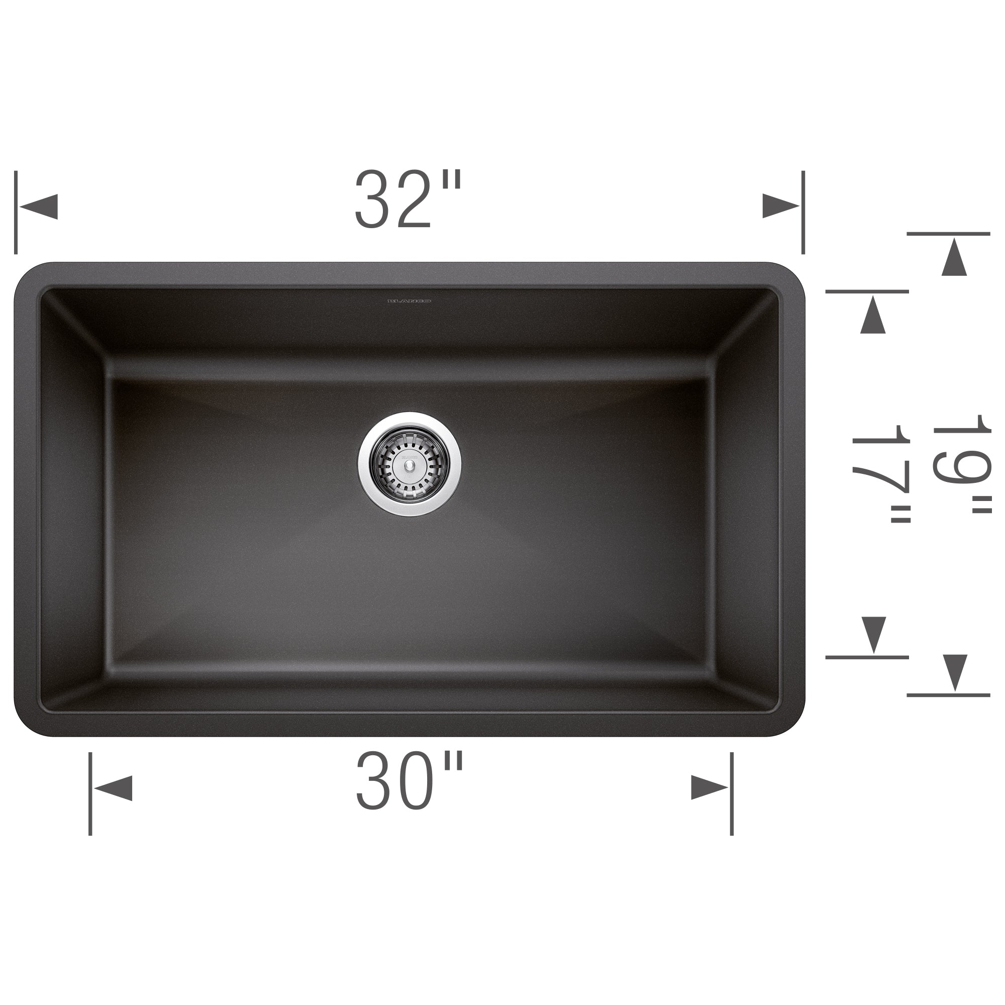 Anthracite single bowl undermount sink with drain, 32" wide by 30" front, measuring 17" deep and 19" height.
