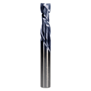 Dark metallic double compression router bit with spiral flutes and cutting edges at the top.