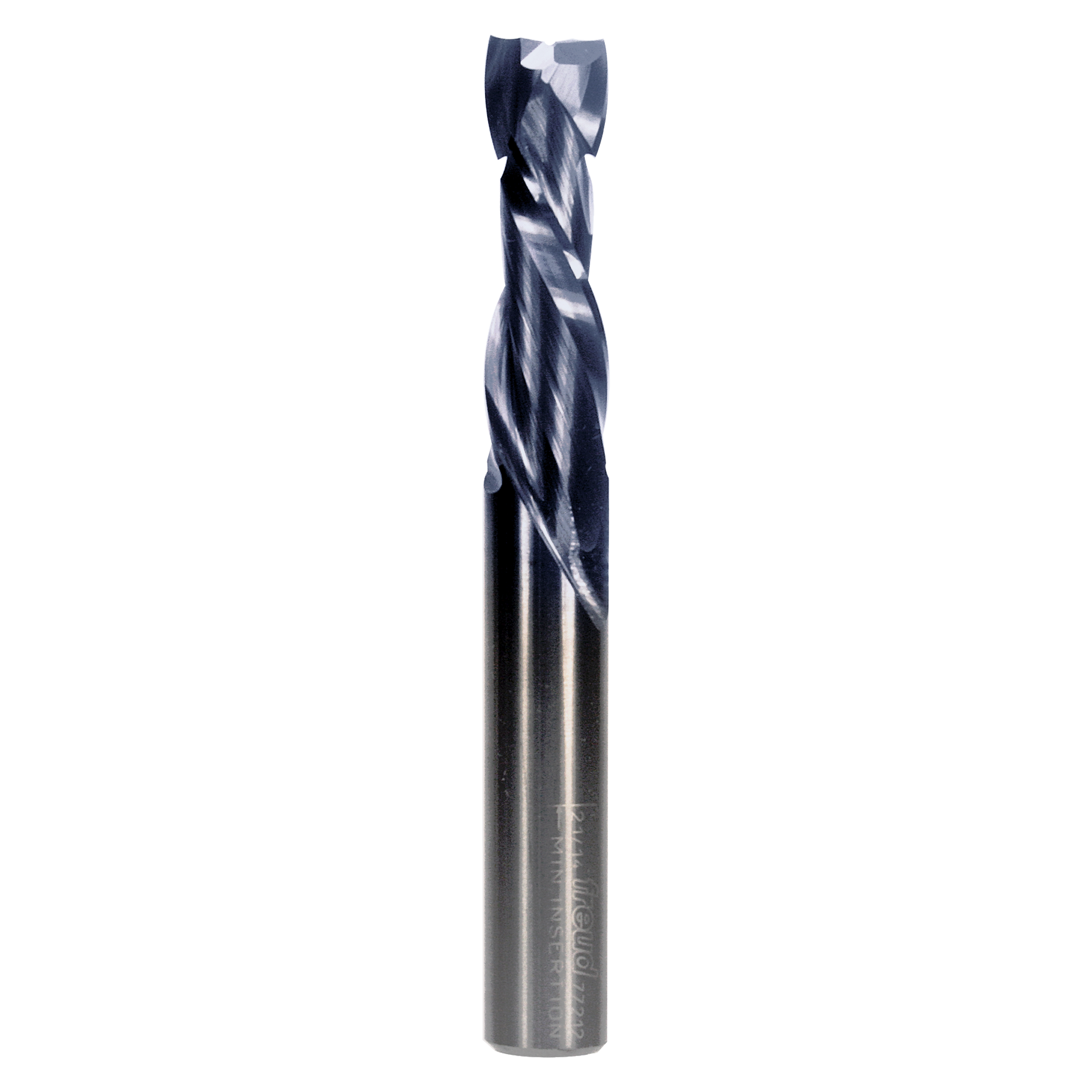 Dark metallic double compression router bit with spiral flutes and cutting edges at the top.