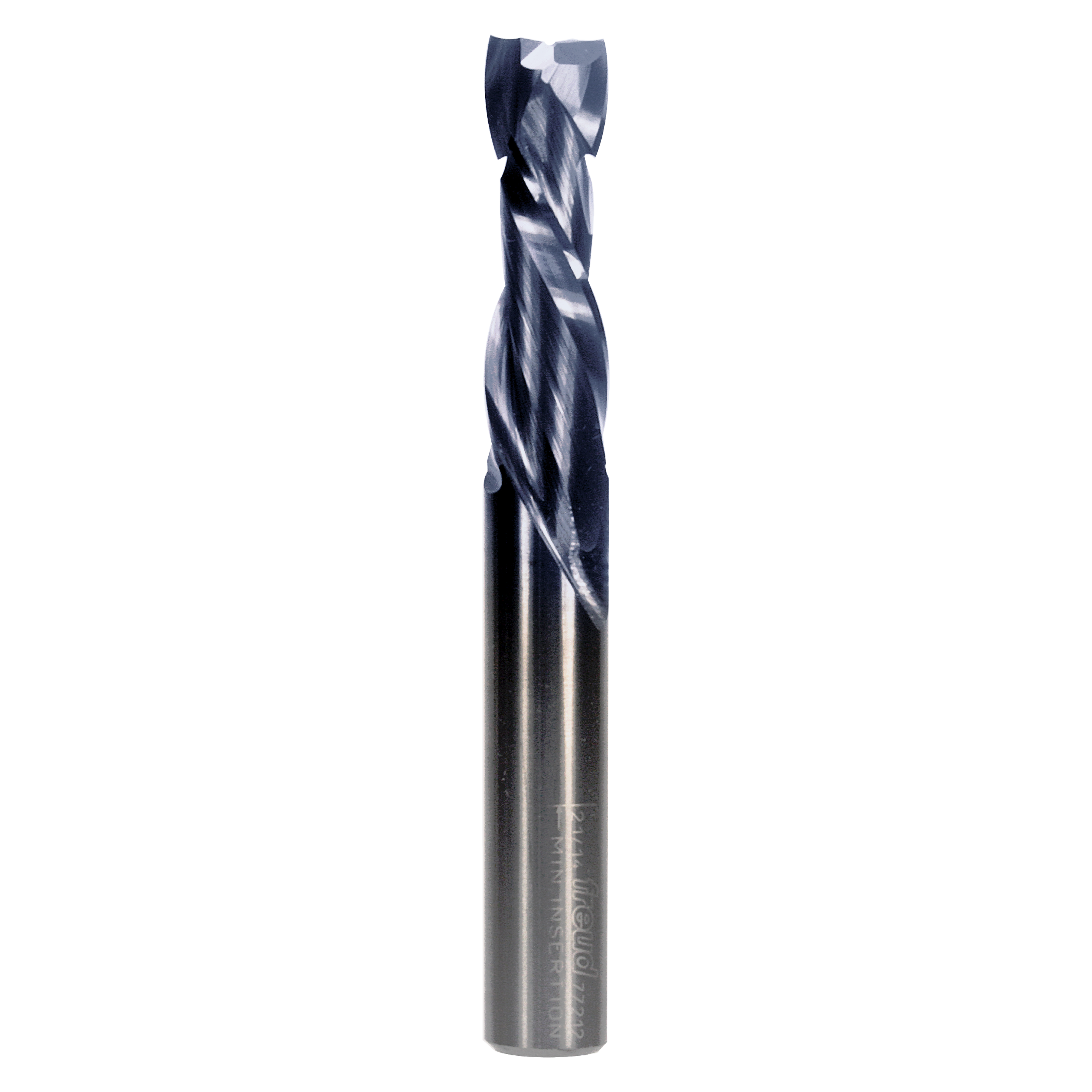 Dark metallic double compression router bit with spiral flutes and cutting edges at the top.