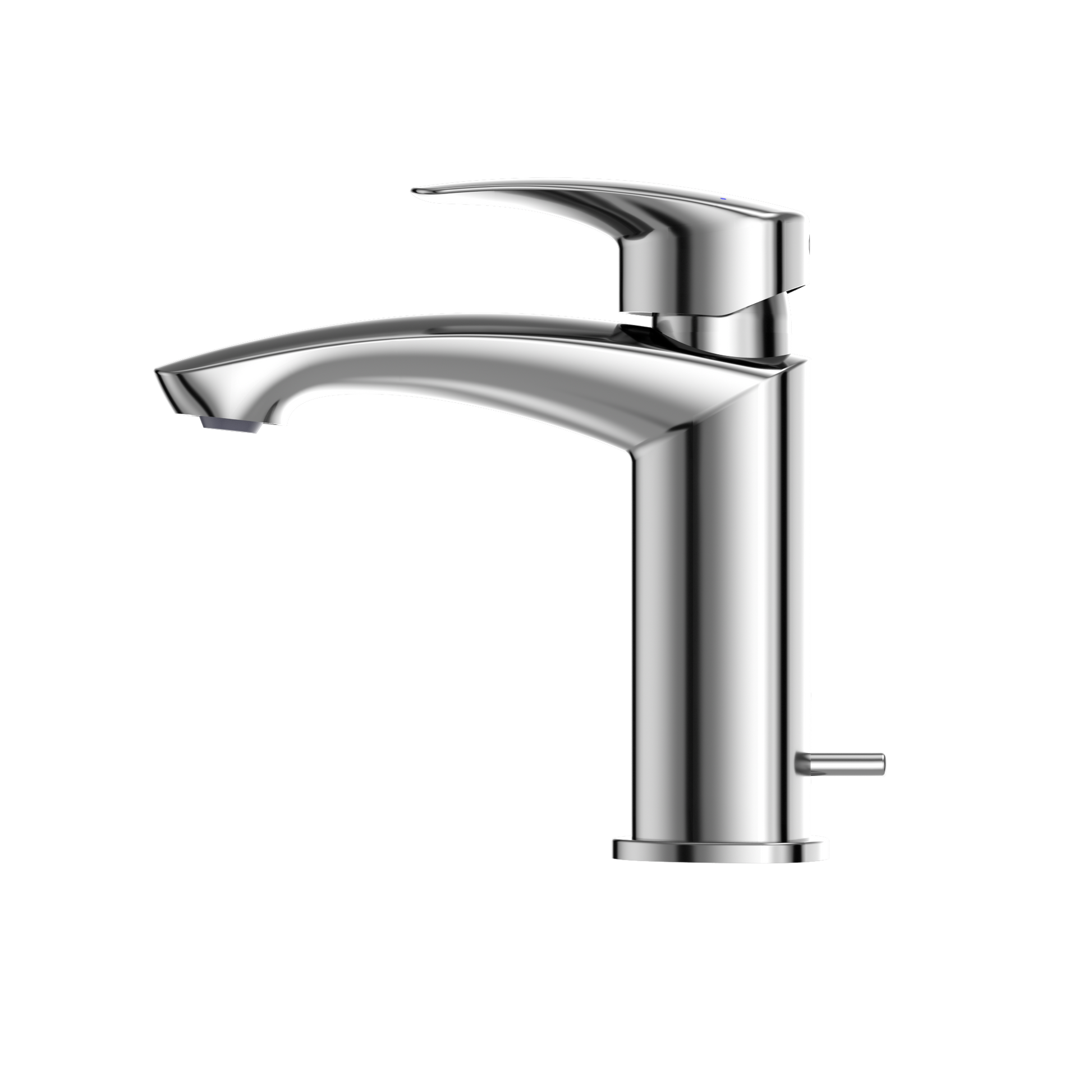 Polished chrome single-handle bathroom sink faucet with curved spout and lever handle on right side.
