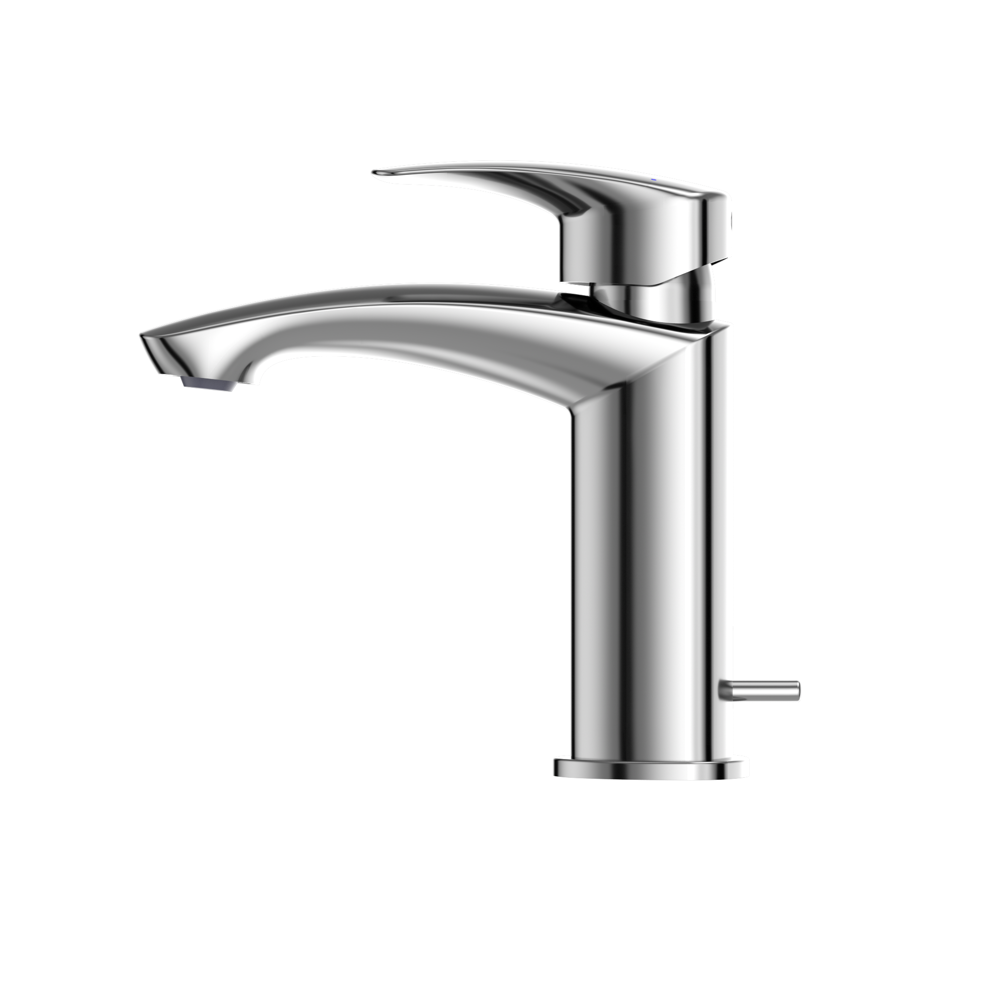 Polished chrome single-handle bathroom sink faucet with curved spout and lever handle on right side.