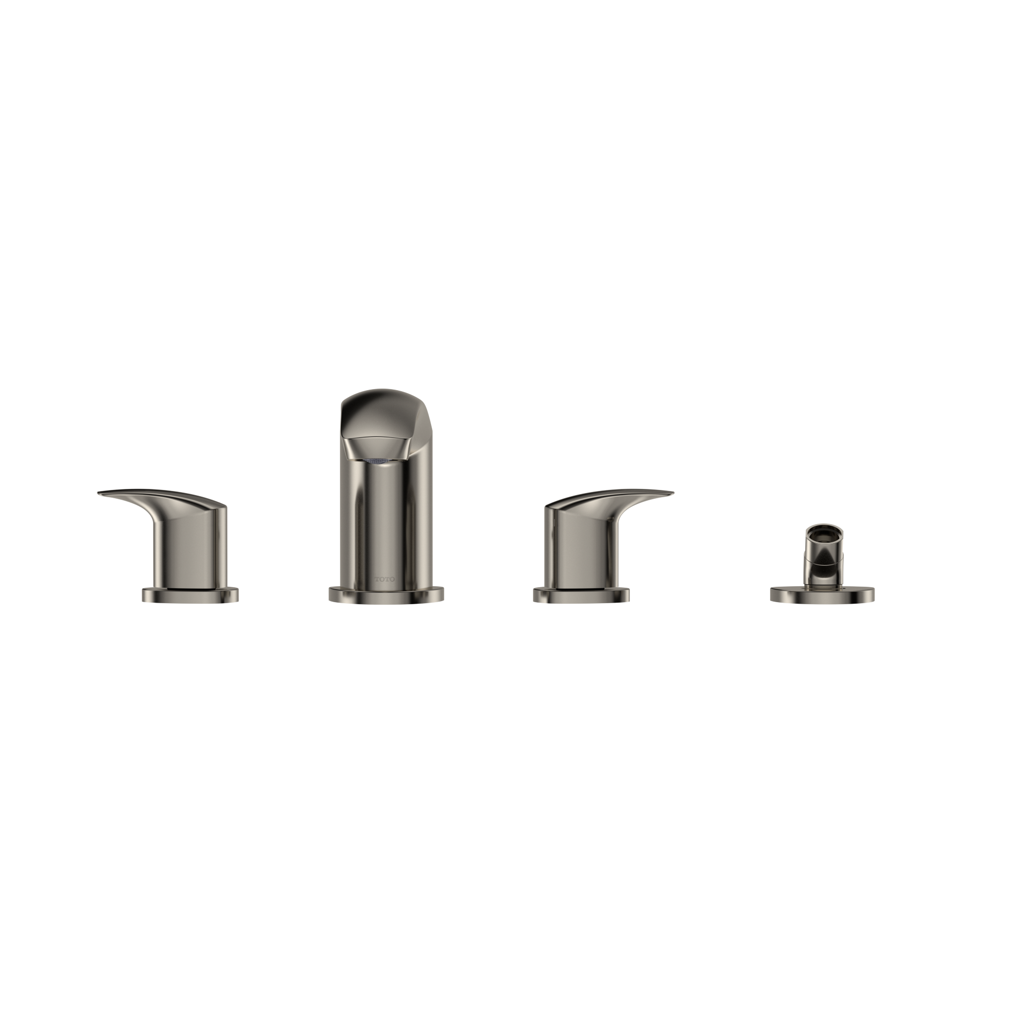 Polished nickel two-handle roman tub filler with central spout and detachable handshower on right.