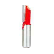 Silver router bit with red cutting head and single straight flute design.