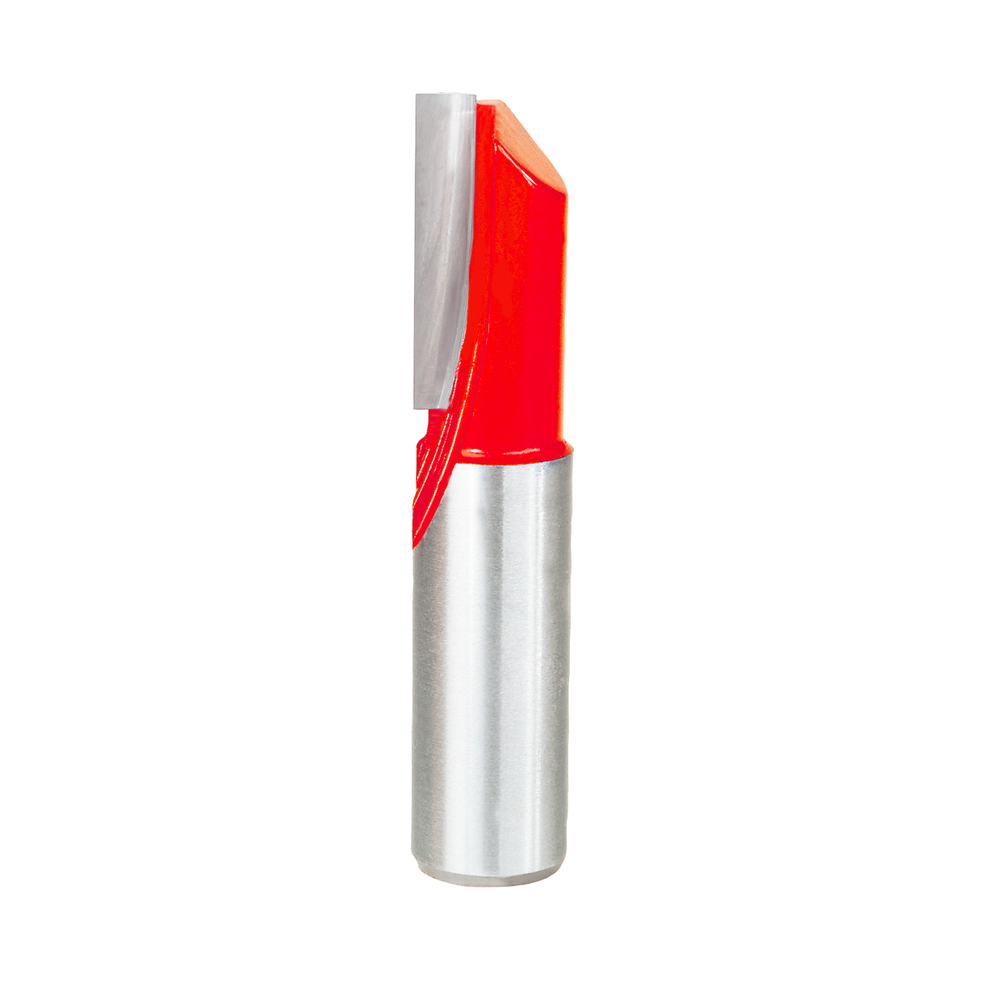 Silver router bit with red cutting head and single straight flute design.