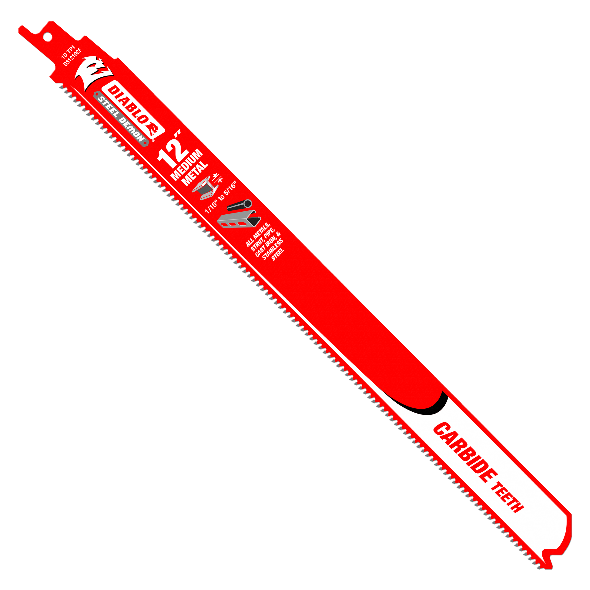 Red reciprocating saw blade with carbide teeth and mounting tang, labeled Diablo 12 inch medium metal cutting.