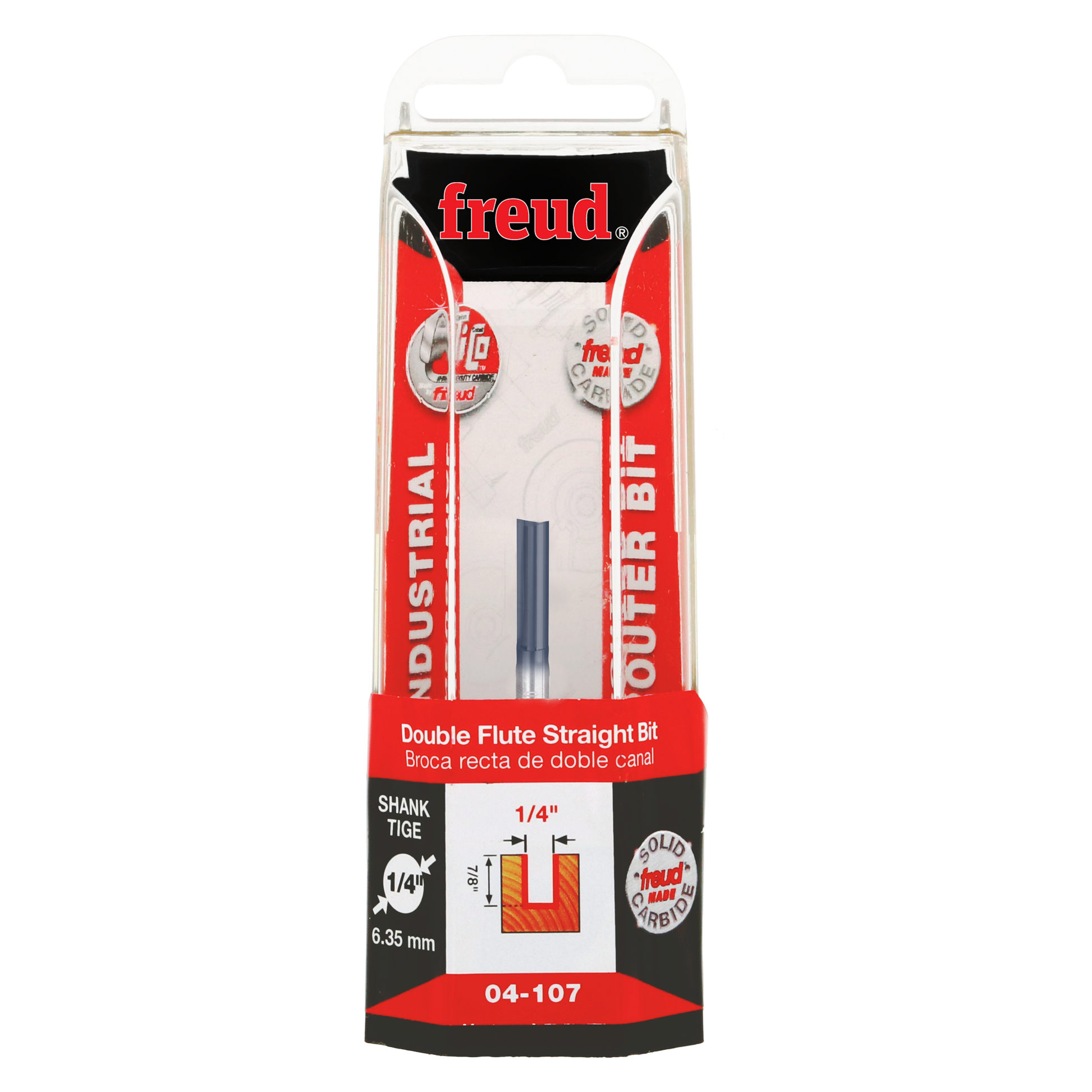 Freud 04-107 router bit with 1/4" diameter, double flute straight cutting edges, and 1/4" shank in retail packaging.