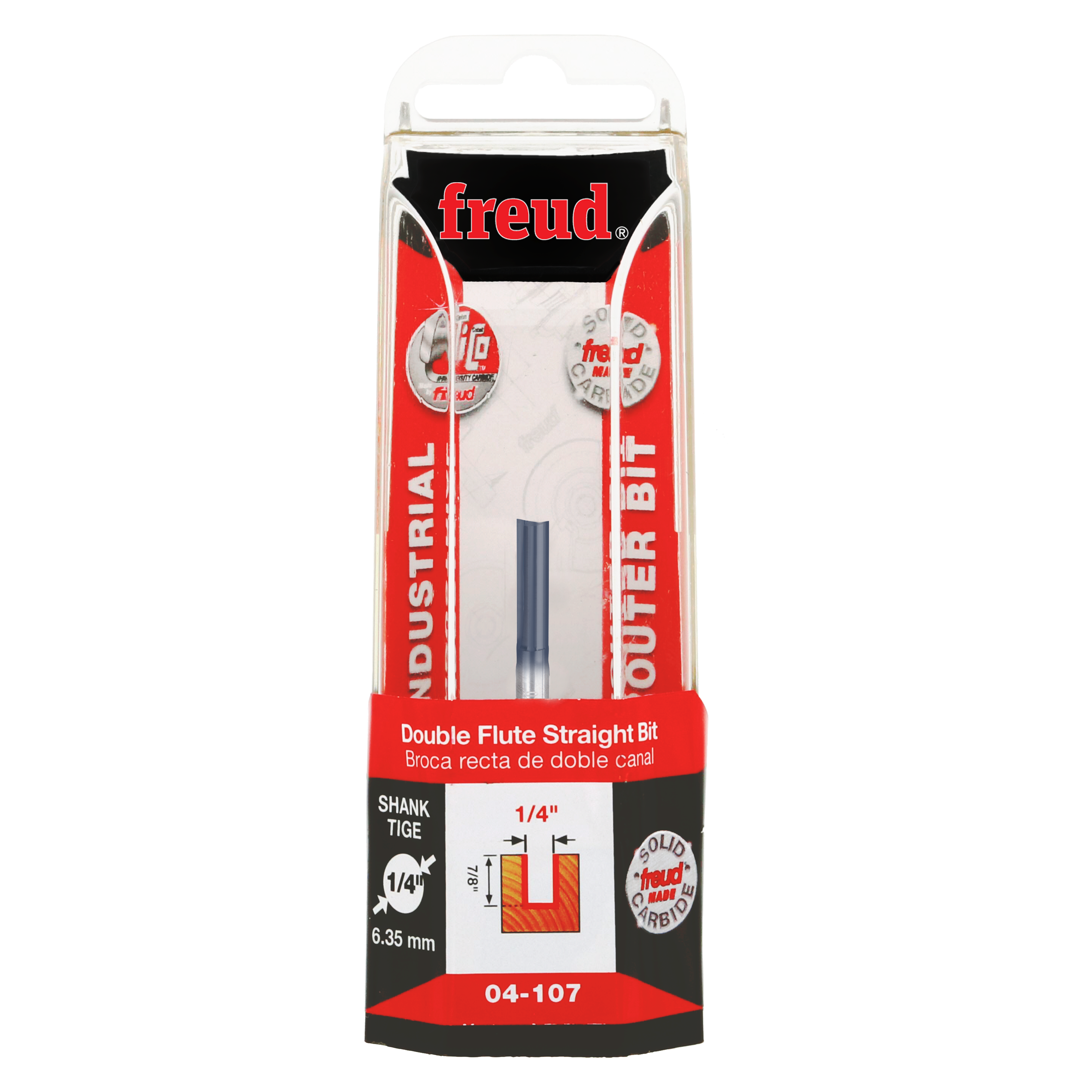 Freud 04-107 router bit with 1/4" diameter, double flute straight cutting edges, and 1/4" shank in retail packaging.