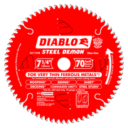 Red circular saw blade with 70 carbide-tipped teeth, 7 1/4 inch diameter, 20mm arbor hole, labeled Steel Demon.
