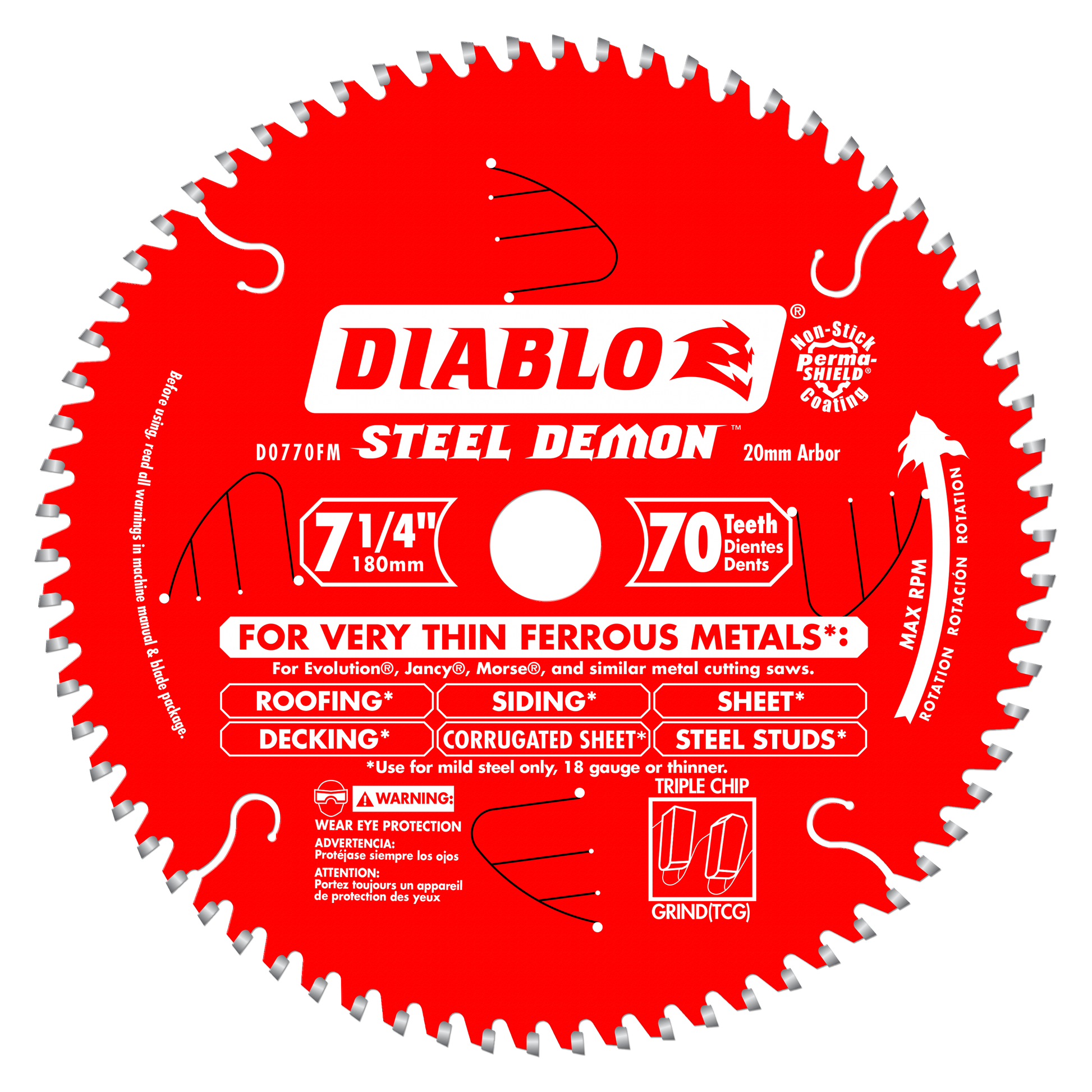 Red circular saw blade with 70 carbide-tipped teeth, 7 1/4 inch diameter, 20mm arbor hole, labeled Steel Demon.